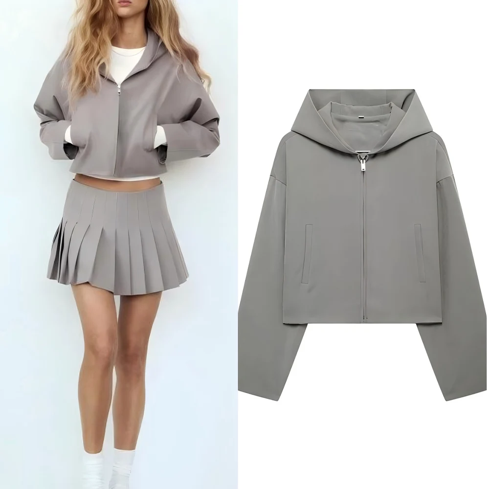 

Женская новинка 2025, модная повседневная короткая куртка на молнии с капюшоном, пальто в стиле ретро с длинными рукавами и боковым карманом, женское пальто, шикарный топ