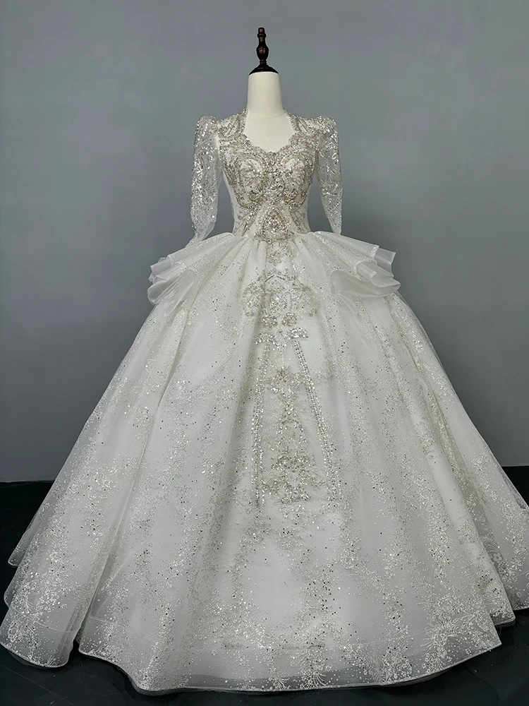 Maria Vintage Hochzeitskleid mit langen Ärmeln, handgefertigt, mit Perlen verziert, Spitze, Stickerei, Prinzessin, Ballkleid, Vestido De Noiva, individuell gestaltet