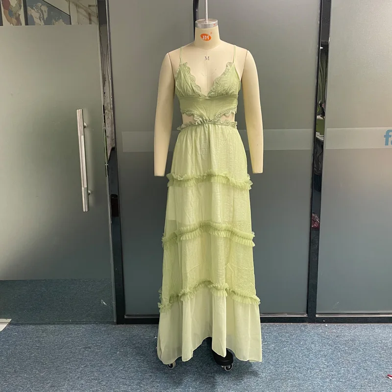 Women Sundress Hollow Out Lace Splice A Line Beach Dresses V Neck Leaky Waist Folds Gown Elegant Long Vestidos Sleeveless