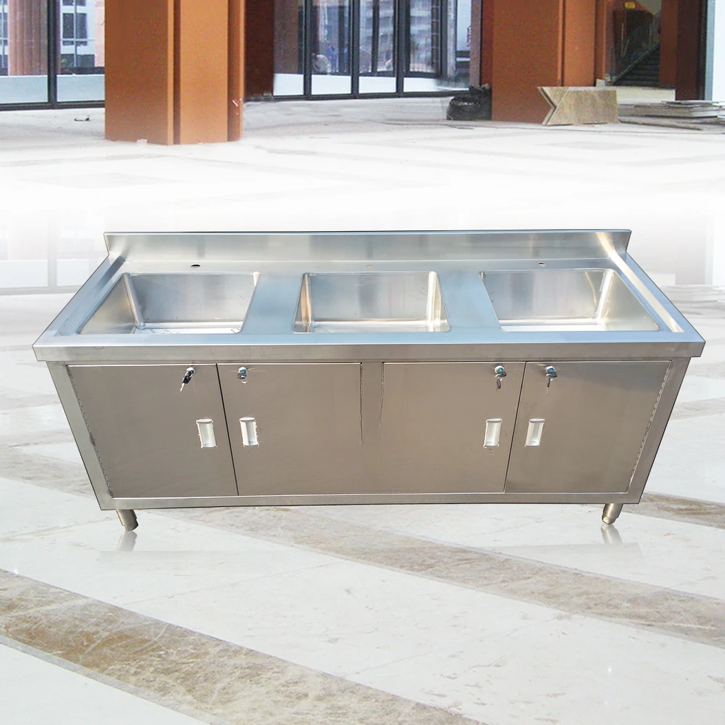 Kitchen commercial stainless steel sink pool three-eye basin cabinet three-pool storage table