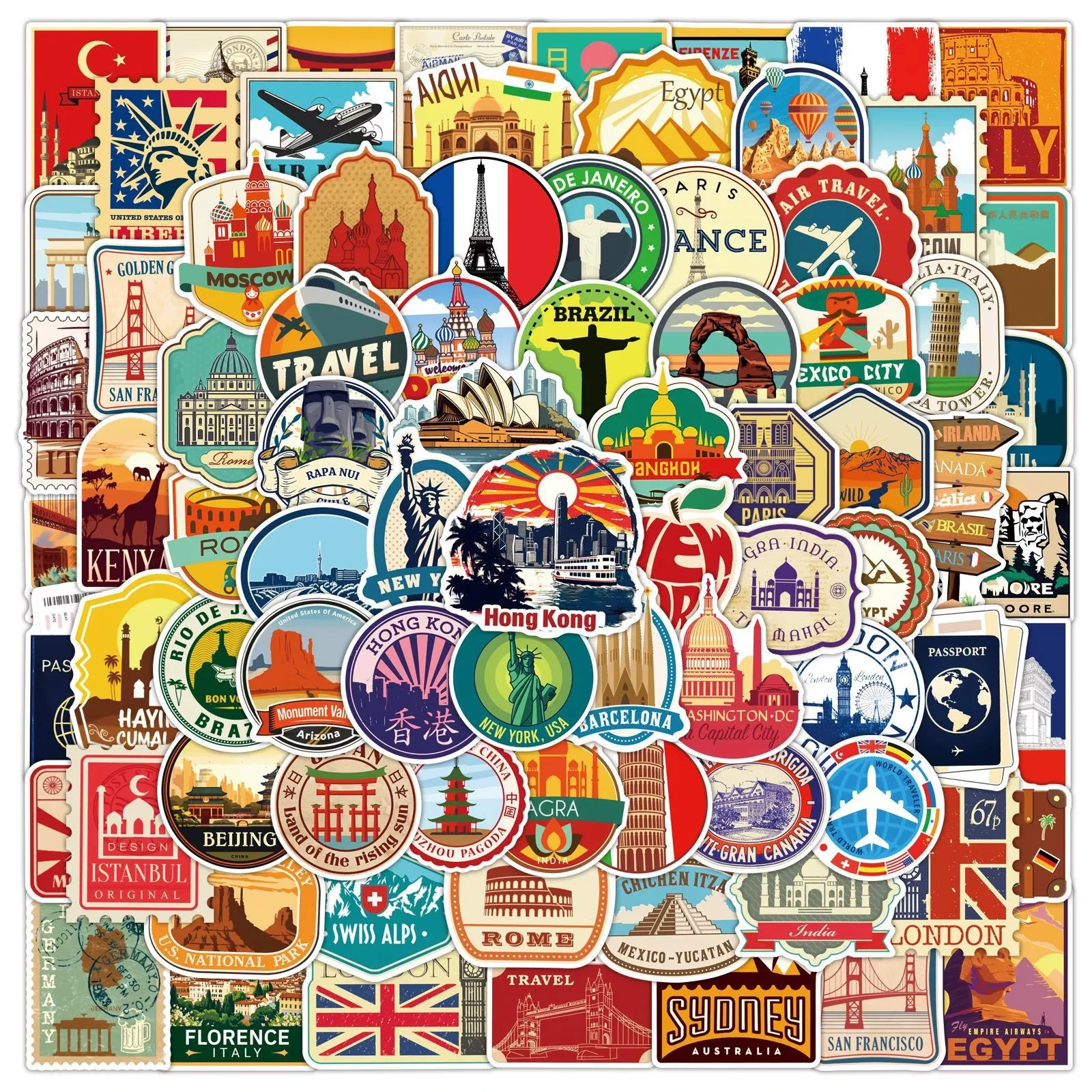 100PCS World Travel Doodle Stickers, Waterproof Vinyl Decals for Scrapbook, Laptop, Guitar, Car, Phone Case, DIY Gift Ideas
