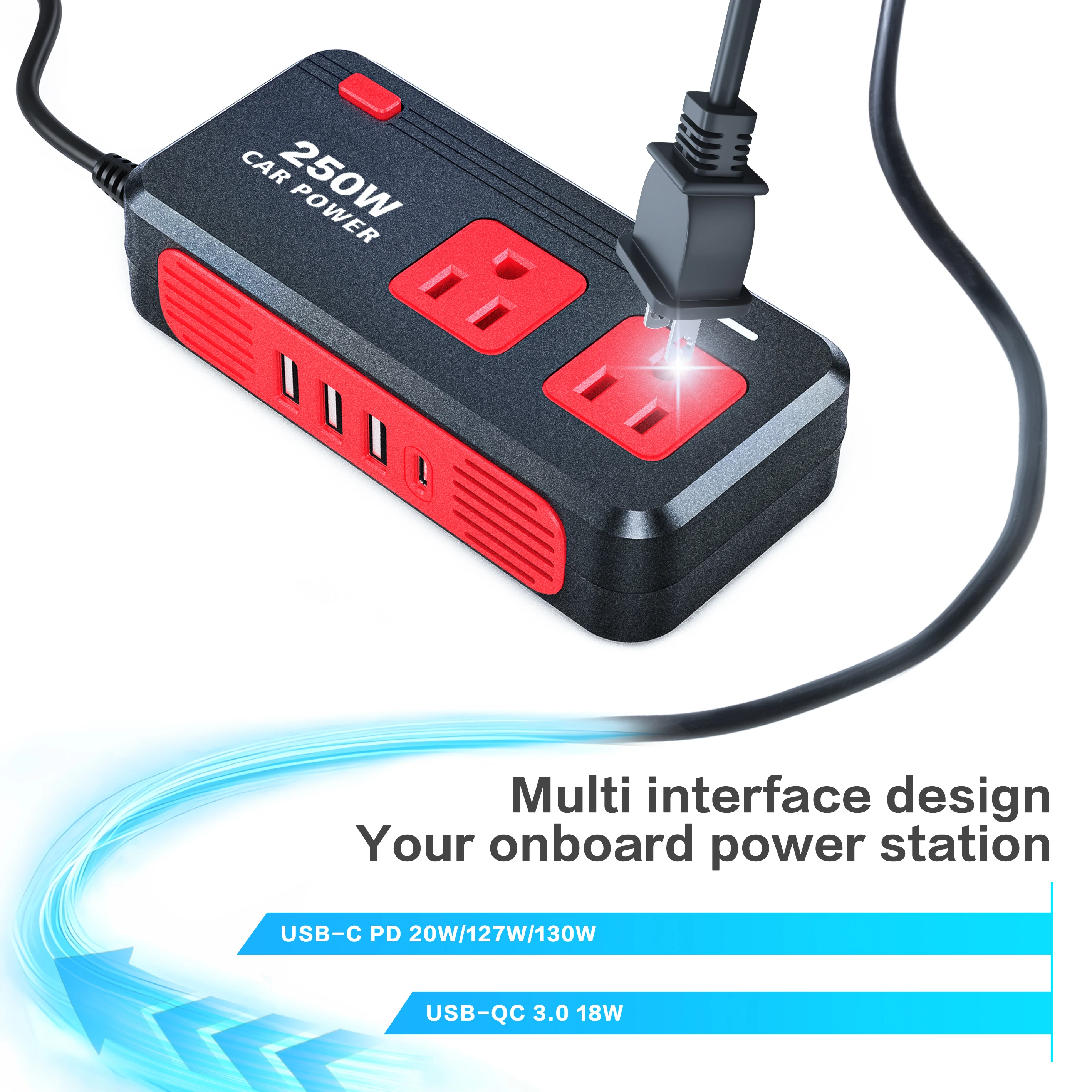 250W Car Power Inverter  DC 12V to 110V AC Converter with 2 AC Outlets, PD 18W, QC 3.0 18W and 2 USB