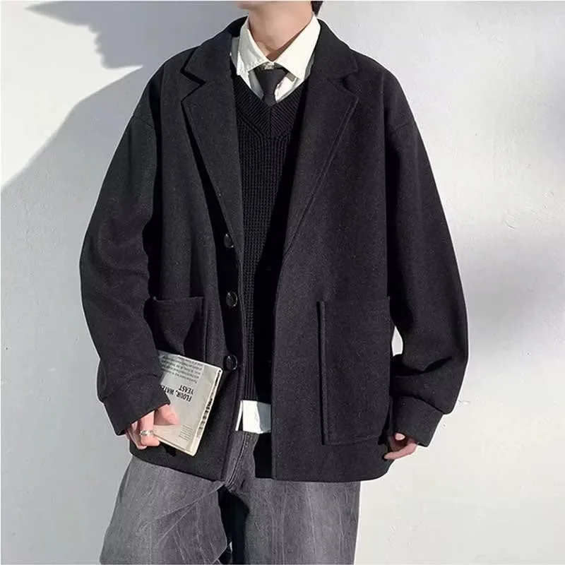 

2025 Men's ort Woolen Coat Loose Casual Jaet Bla Winter Warmth Youth Faion Straight Hemline Long Sve Tee Button