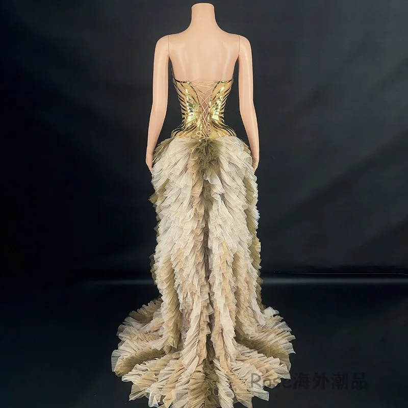 2025 Golden Evening Dress Sexy Gogo Party Floor-Length Dress Elegant Festival Birthday Clothing Singer Host Model Stage Costume