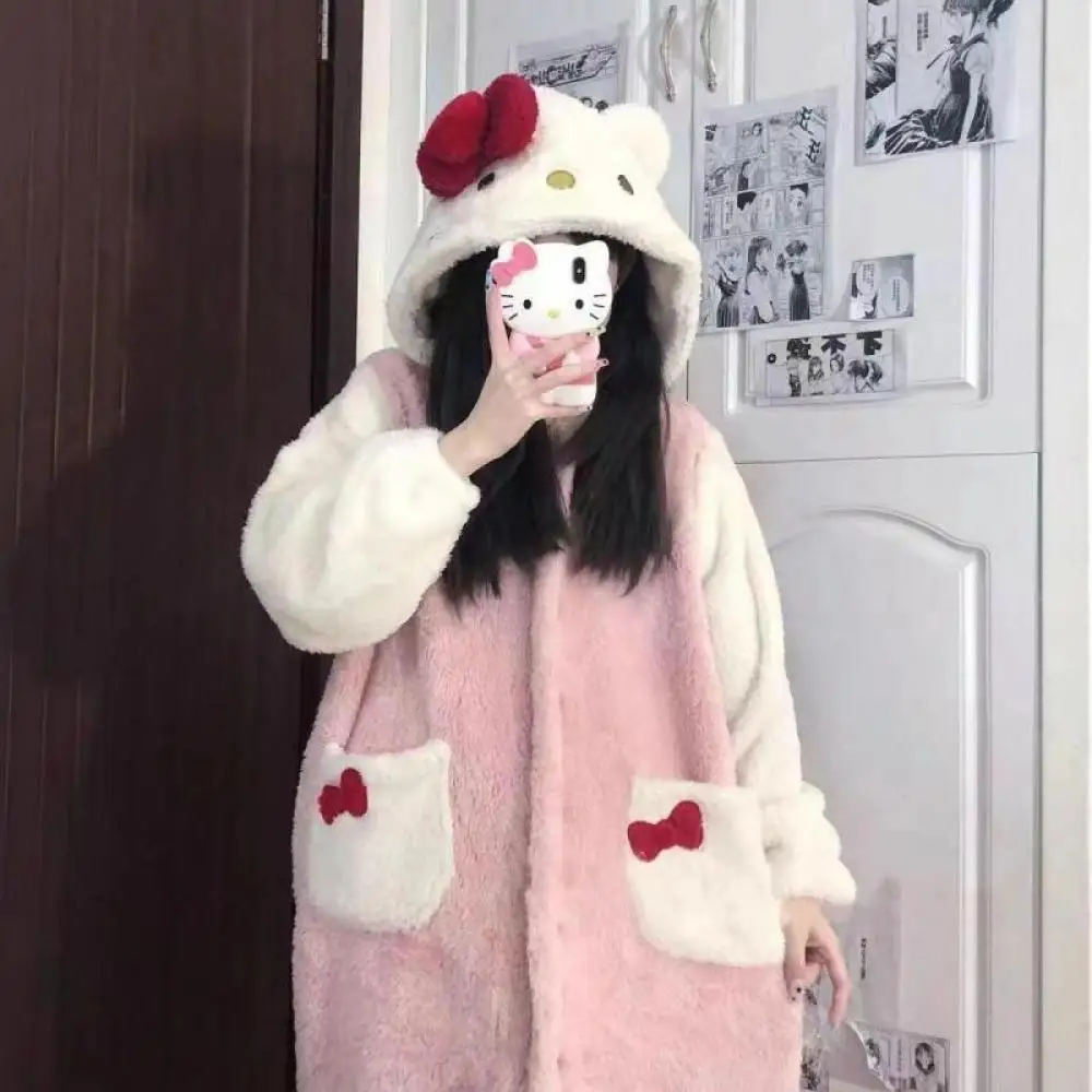 Cartoon Kt Cat Plush Loungewear Nightgown Set Winter Outdoor Thicken Long Style Nightgown Home Clothes Kawaii Hooded Pajamas Set