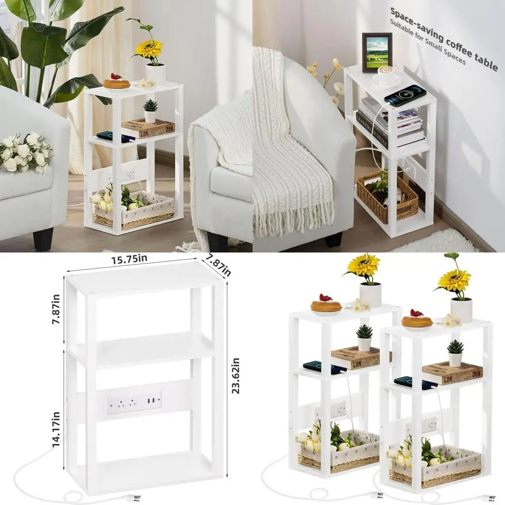 

3-Tier Compact Wood Side Table Set with Charging Station for Small Spaces - White Nightstand with USB Ports and Outlets