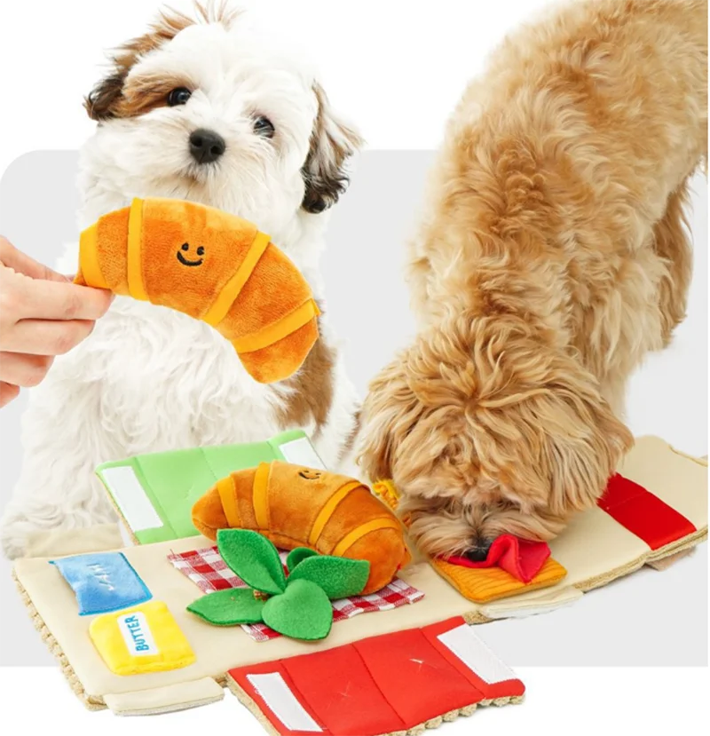 Набор игрушек для пикника в корейском стиле с круассанами для домашних животных - Писклявый диспенсер для шкуры и шока, игрушки-головоломки для домашних животных, интерактивные игрушки для облегчения тревоги