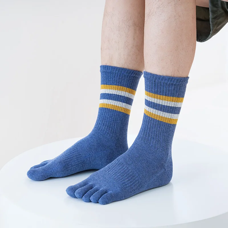 

2024 New Men's Thick Sport Five Finger Socks Autumn Winter Combed Cotton Striped Color Yarn Middle Tube Casual Toe Socks 5 Pairs