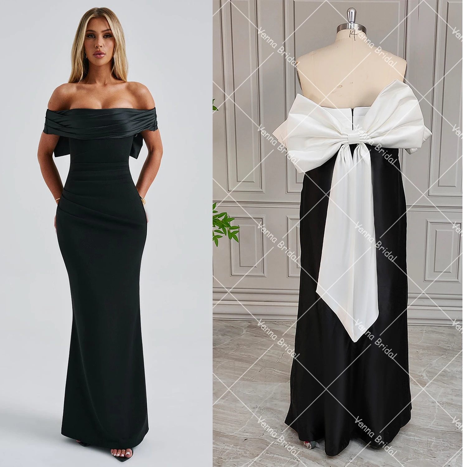 Maxi Sheath Evening Dress Removable Big Bow Fully Lined Customized Asymmetric Pleats Black White Prom Simple Wedding Bridal Gown