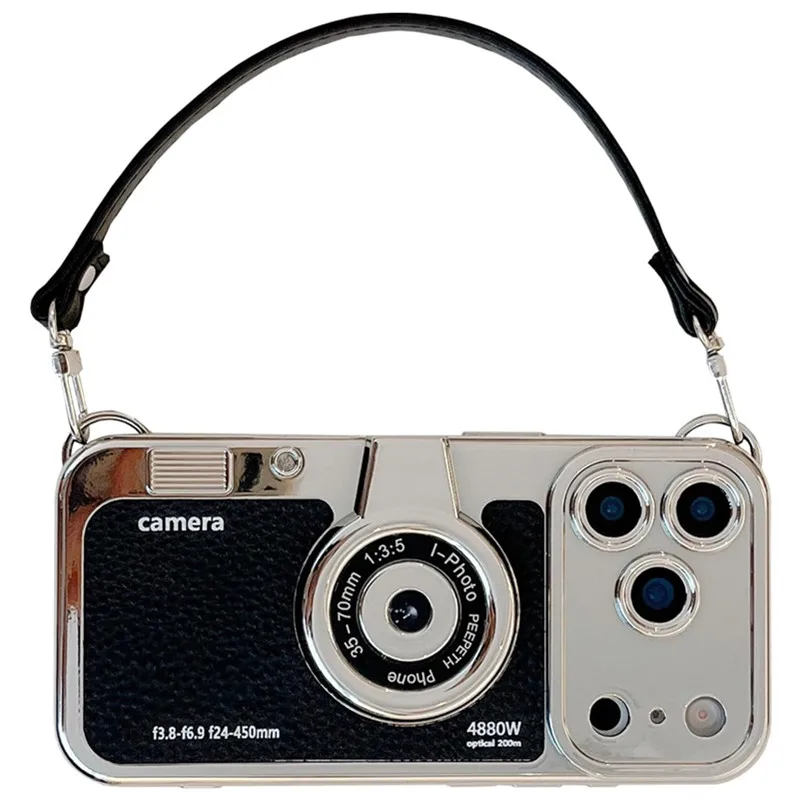 3D Vintage Kamera Leder Handyhülle für iPhone Air 17 16 15 14 13 12 Pro Max Plus 17Pro 17ProMax Lederhülle mit Handschlaufe