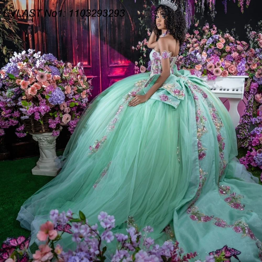 

EVLAST Customized Mexican Green Quinceanera Dress Ball Gown Pink Floral Applique Beading Bow Sweet 16 Vestidos De 15 Anos AQ322
