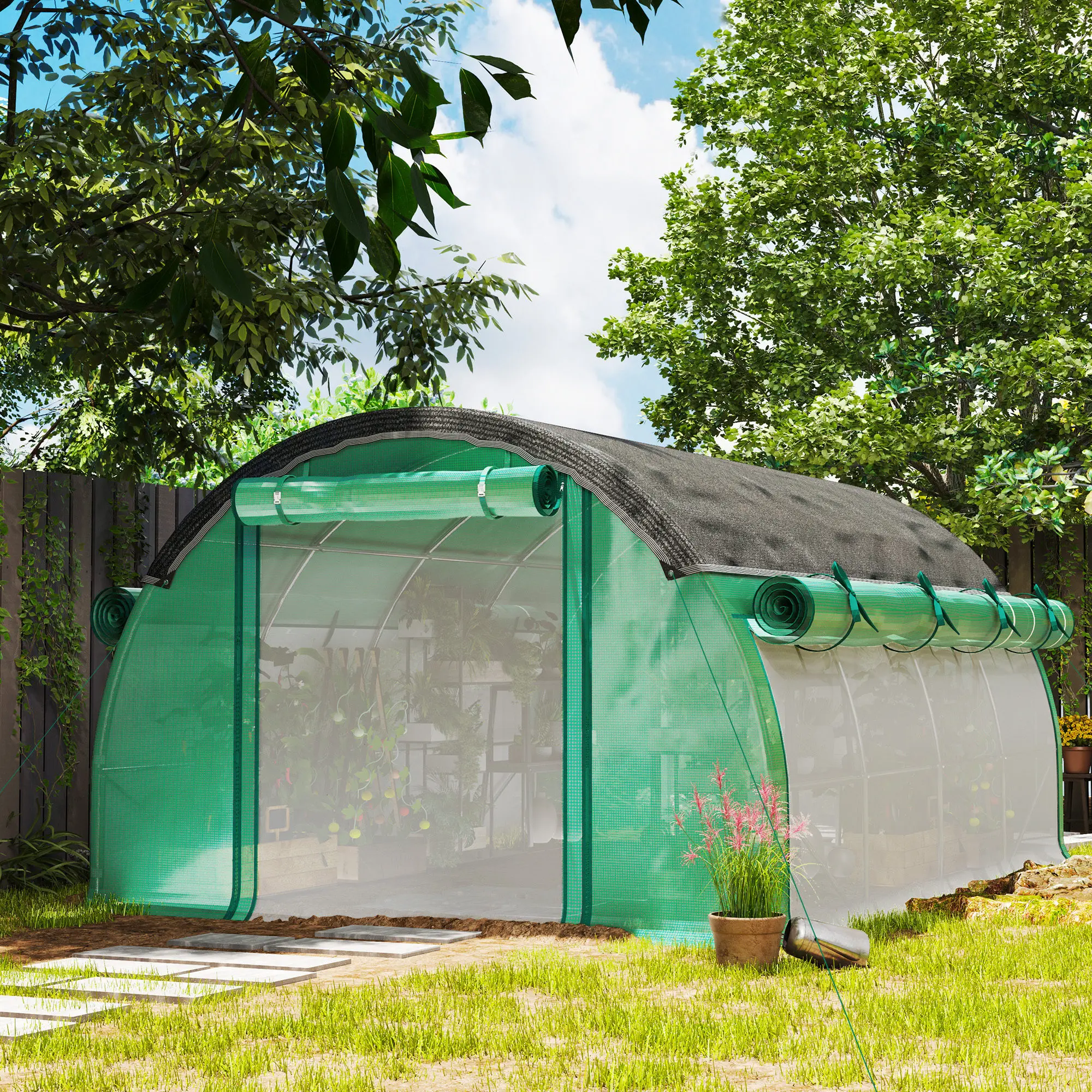 4x3x2m begehbares Polyethylen-Gewächshaus mit 8 Fenstern, Rolltoren & Seitenwänden, UV-blockierendem Sonnenschutznetz, winterfertiges Tomatenhaus, verzinkter Stahlrahmen, Bodenanker, grün