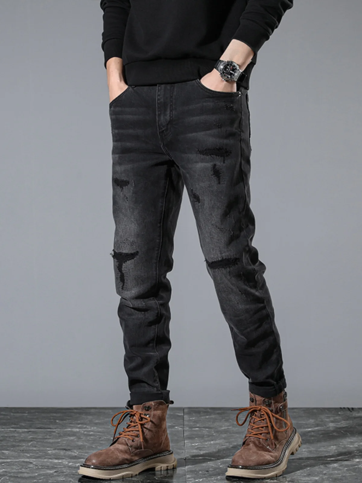 

Fall Heavyweight Waed Ripped Patch Men's Faionable Retro Blue Slim Straight Leg Jeans Casual Wear Youth Cotton Stretc...