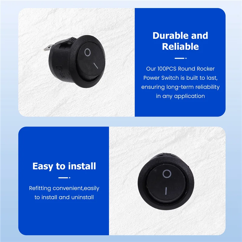 ABRU-100PCS Round Rocker Power Switch 6A 250V AC 2Pin 2Position ON/Off Power Boat Switches SPST Black Button Mini Round Black