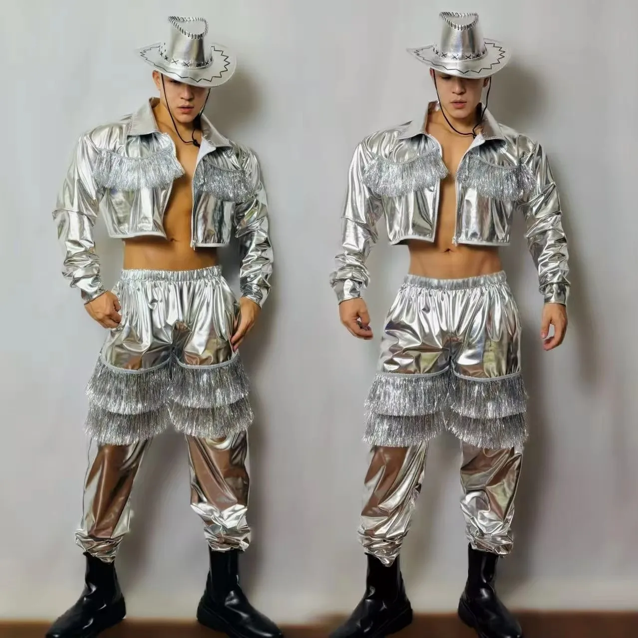 

Male Western Cowboy Style Jazz Dance Team Hip Hop Performance Costume Silver Tassel 2 Pieces Outfit for Singer Dancer Stage Show