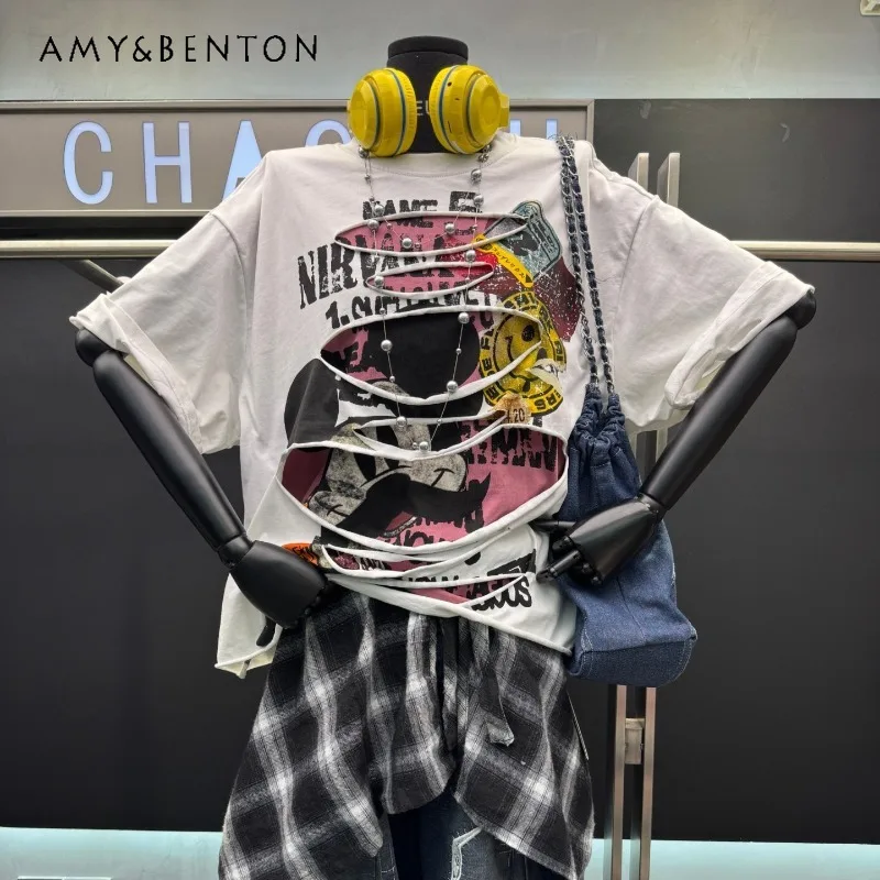 

2026 New Heavy Craft Distressed Letter Cartoon Print Short Sleeves T-shirt Women's Streetwear Oversized Fake Two-piece Top Tees