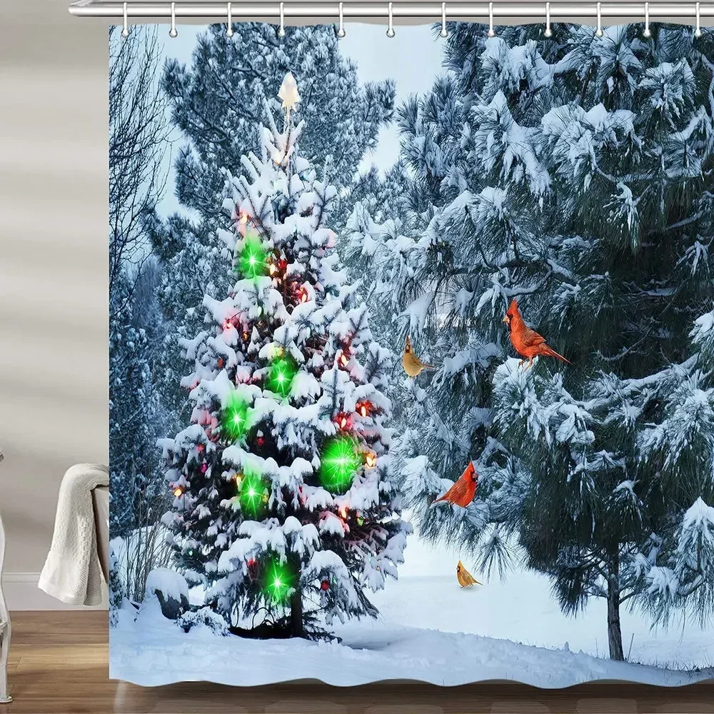 Winter Christmas Tree Decor Shower Curtains Snow Forest Red Birds Xmas New Year Theme Bathroom Decor Bath Curtain Set with Hooks