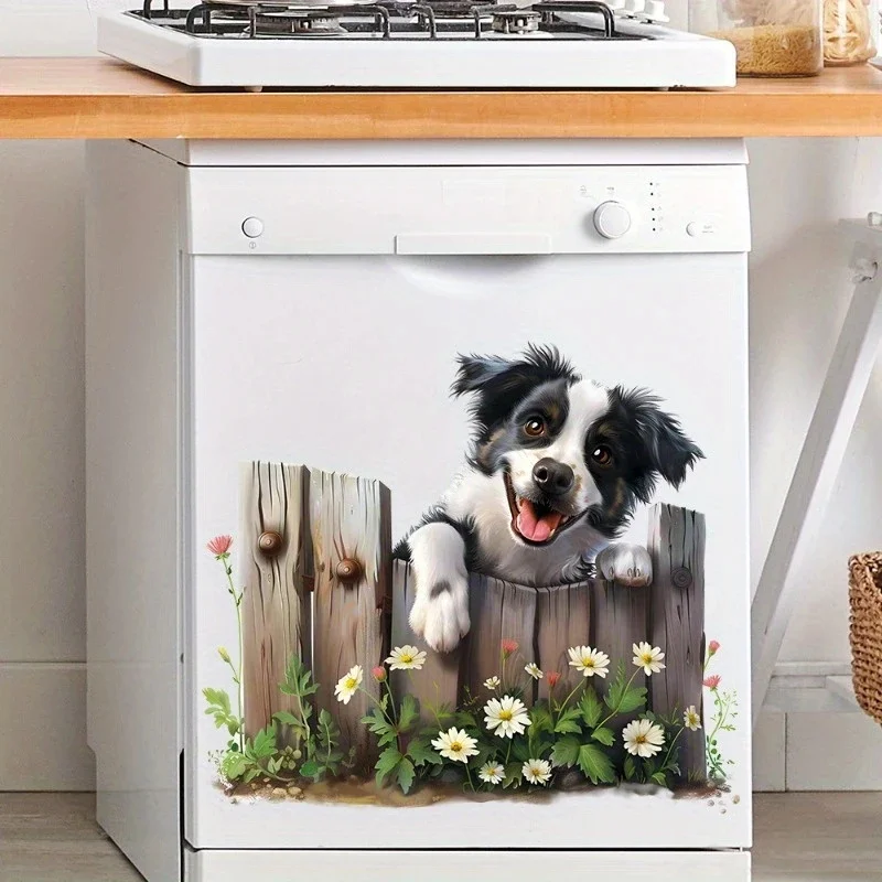 MT1402# Farm Animal Wall Sticker - Playful Border Collie Peeking from Wooden Fence with Flowers, Vibrant Home Decor for Living