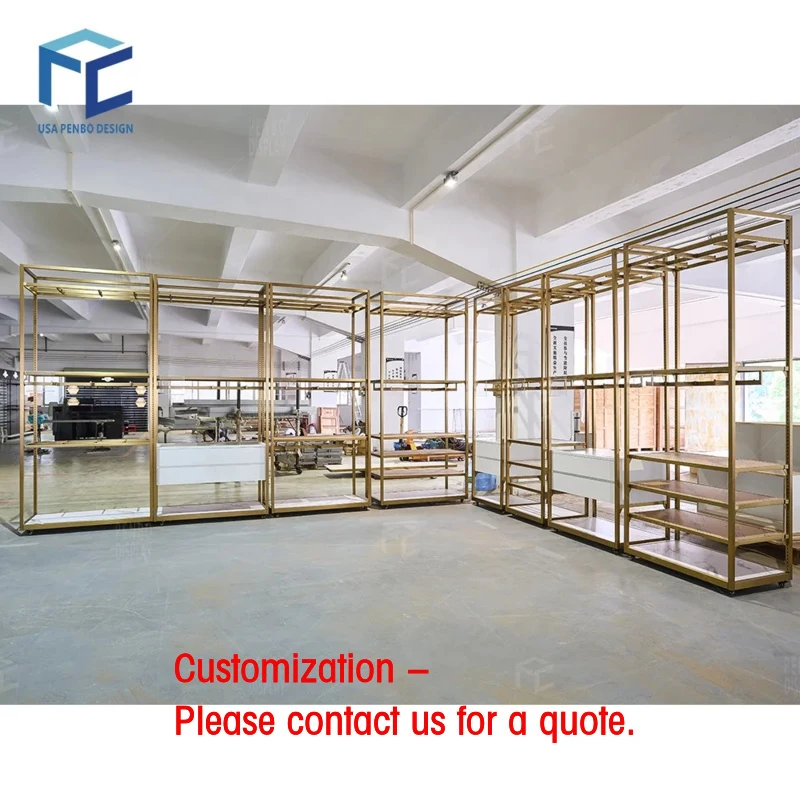 

custom.Customized Clothes Shop Exhibition Display Rack Gold Stainless Steel Men Female Kids Display Shelves Luxury Clot