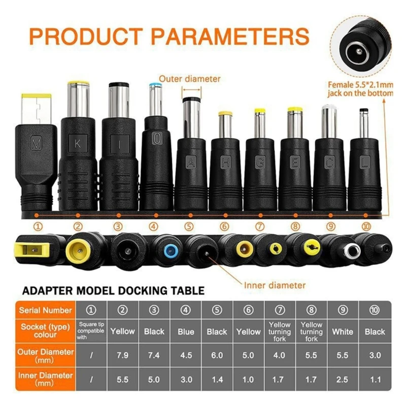 10 peças adaptador de alimentação para laptop tipo c fêmea para 7.9x5.5 7.4x5.0 4.5x3.0 6.5x4.4 5.0x3.0 4.0x1.7 5.5.x1.7 5.5x2.5 3.0x1.1mm conector
