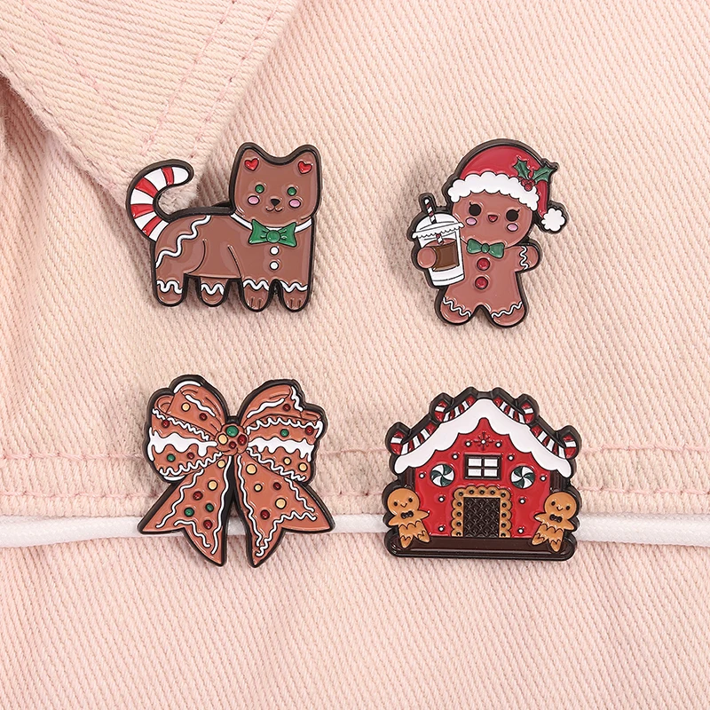Weihnachten Lebkuchenmann Emaille Pin Cartoon Lebkuchen Haus Katze Schleife Brosche Revers Abzeichen Festival Schmuck Geschenke für Freunde