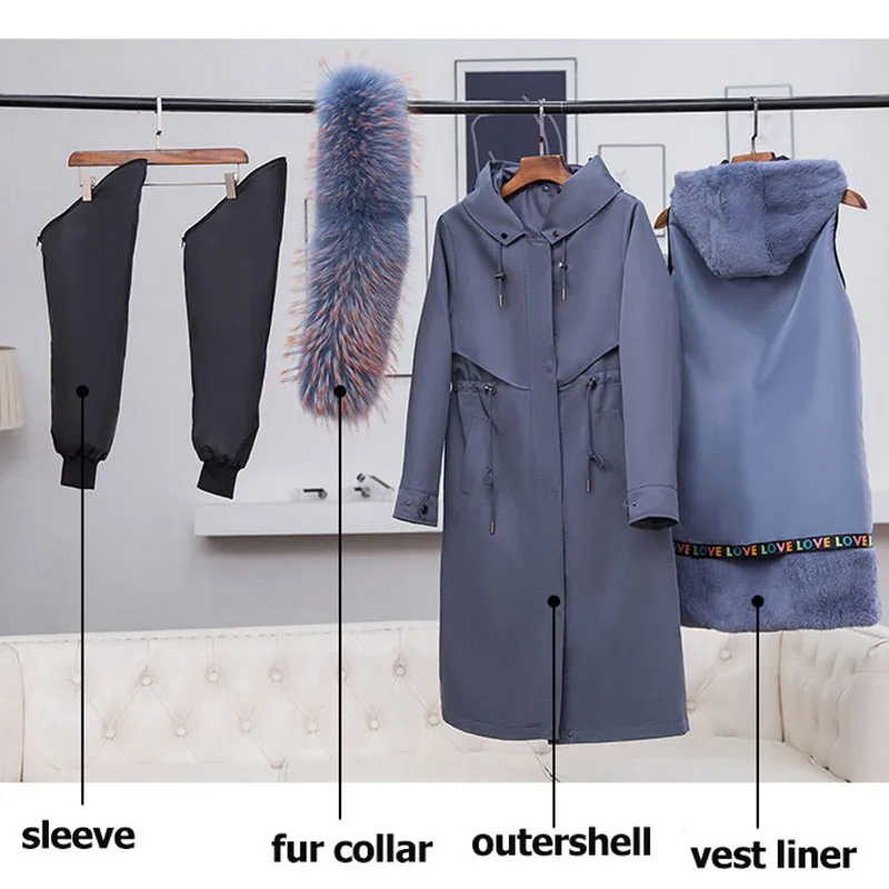 New Waterproof Parka Casual Winter Real Fur Jacket Coat Women Natural Fox Fur Collar Hood Rabbit Fur Liner Outerwear Warm