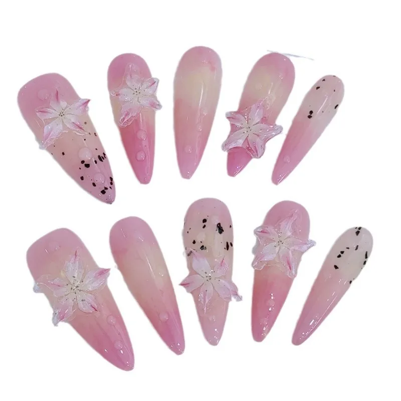 Summer Frozen Lilies Press On Nails Handmade 3D Embossed Pink Yellow Pistils Water Bead Smudge Fake Nails