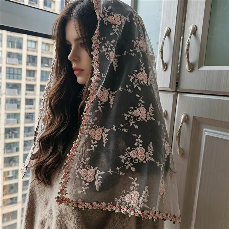 Purple Infinity Floral Women Mantilla Veils Catholic Vintage Chapel  Mass Church Head Covering Embroidered Tulle Flowers