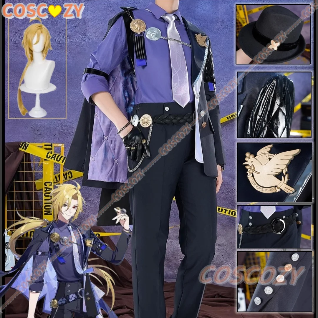 

Zenless Zone Zero Hugo Cosplay Costume Wig Coat Hat Elf Ears Gloves Earrings Tie Belt Full Set Men Women Mockingbird Party Suit