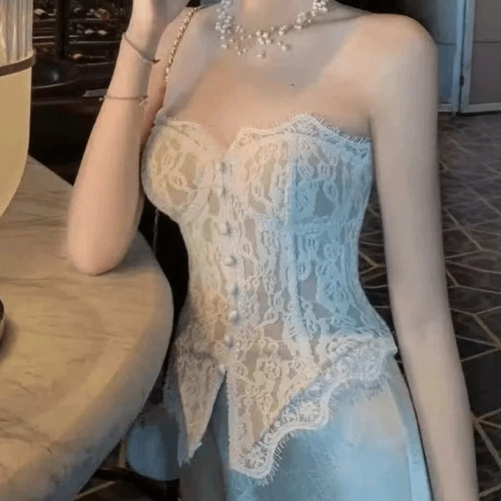 Fashion Transparent Lace Camisole Sleeveless Fishbone Crop Tops Slim fit Suspender Vest Spring Summer