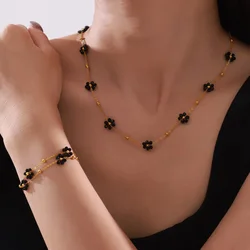 Black Flower Pendant Necklace Bracelet For Women Stainless Steel Gold Plated Women's Neck Chain Necklaces Bracelets Jewelry Sets