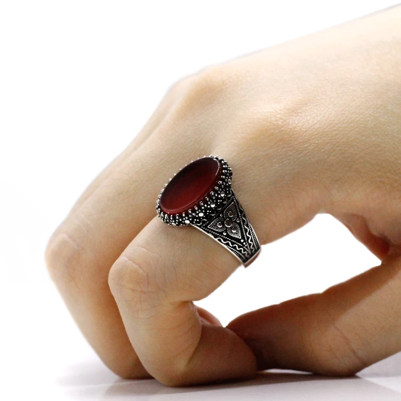 خاتم Türkiye مصنوع يدويًا للرجال S925 فضي كلاسيكي عتيق من العقيق الأحمر الطبيعي مجوهرات عطلة عطلة هدية حفلة