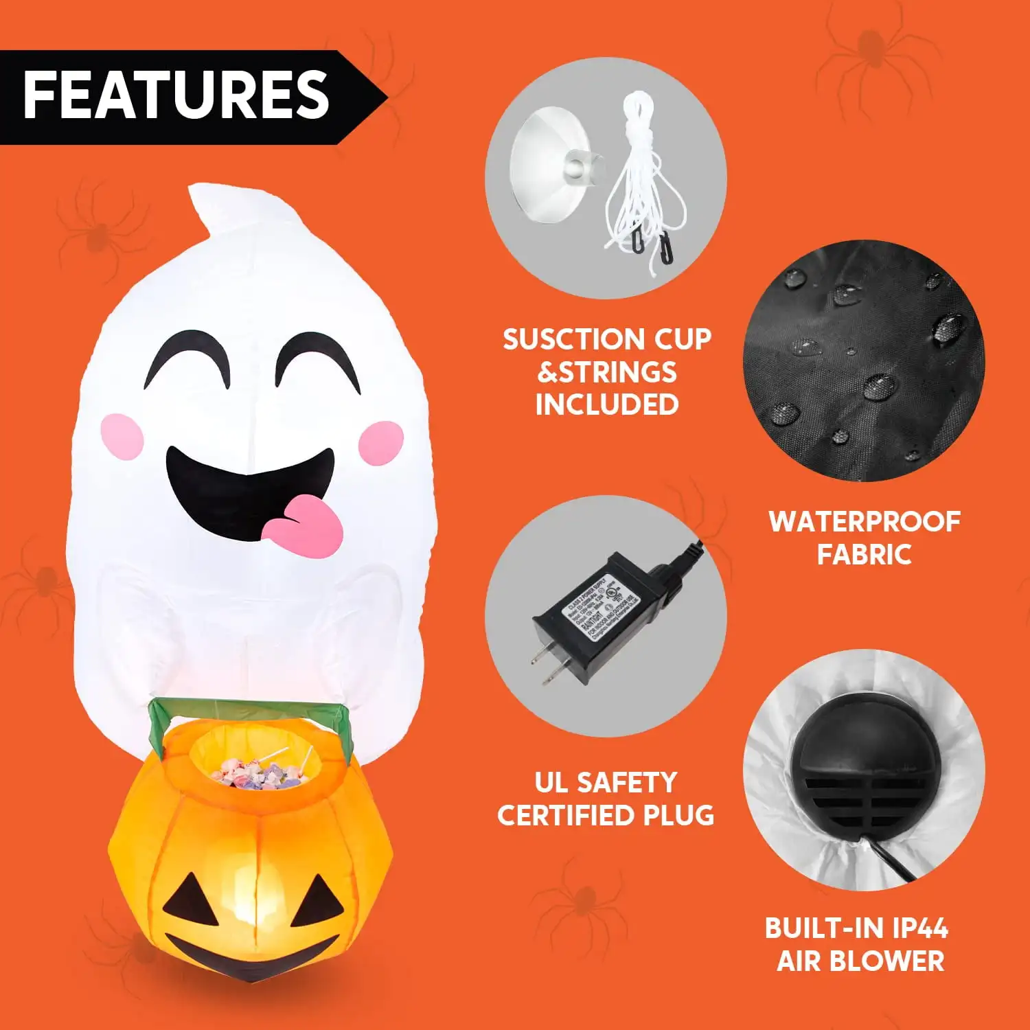 Joyfy 4,5 piedi fantasma volante gonfiabile di Halloween con cesto di caramelle di zucca rotto per la decorazione della finestra