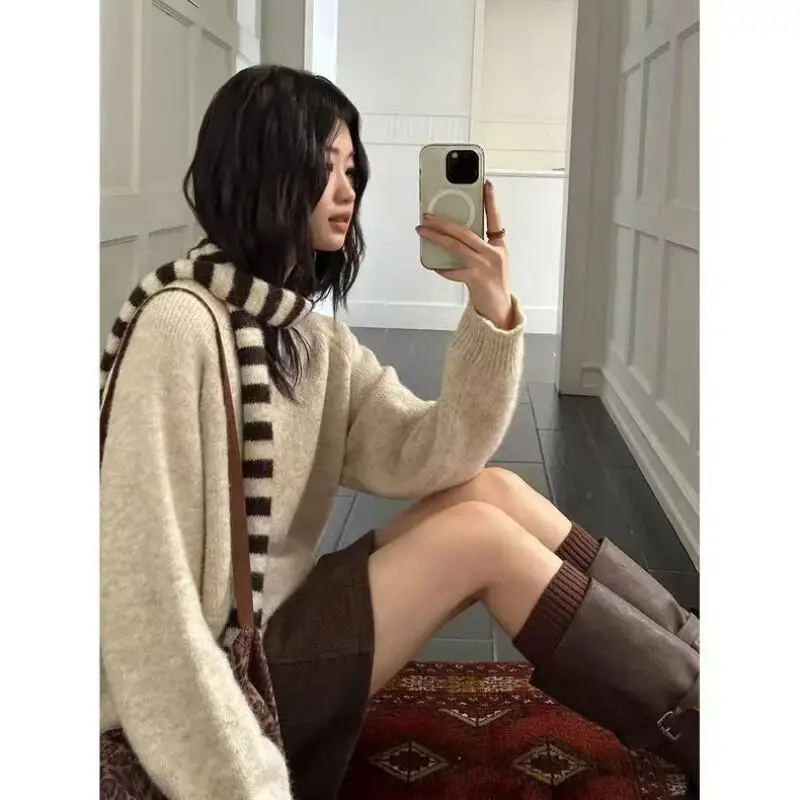 

Красный свитер для женщин, осень-зима, новый дизайн, корейские свободные тонкие вязаные топы с шарфом, теплая повседневная модная верхняя одежда, милая