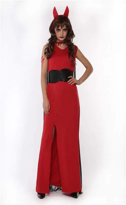 زي أداء المسرح للسيدات، تنورة حمراء ساحرة الشيطان للهالوين، سيدة سحرية طويلة، ملابس أداء السيدات