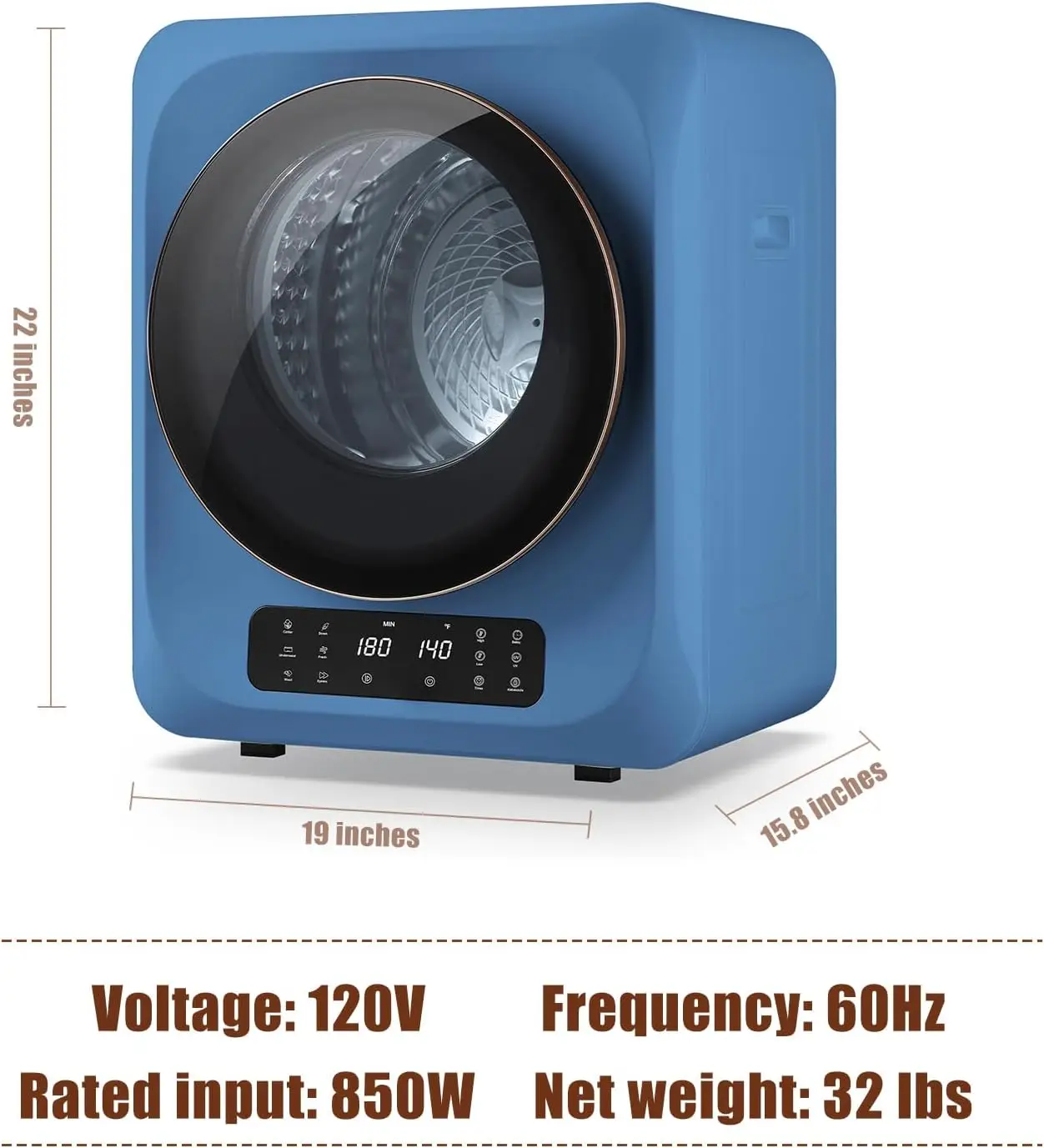 Dryer with LCD Control Panel, 1.5 cu.ft Mini Clothes Dryer Machine with Stainless Steel Tub, 5 Modes, 850W 10 lbs Front Load Sma