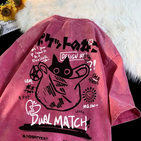 여성 만화 티셔츠 빈티지 여름 하라주쿠 카와이 고양이 프린트 반소매 티셔츠 커플 streetwear 루즈 한 옷 코튼 탑스