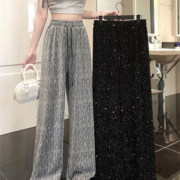 French diamond-encrusted lazy slacks women's spring and summer ice silk loose drape design sense drawstring mop pants.