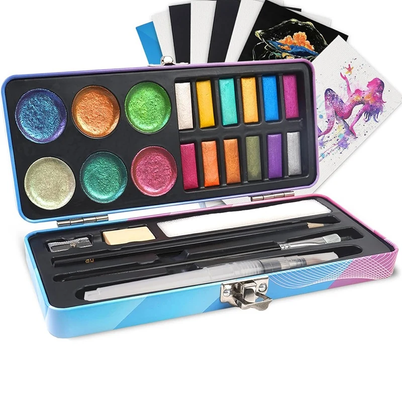 Watercolor Paint Set, 18 Color Glitter Watercolor Paint Kit (12 Metallic & 6 Chameleon), Portable Travel Set With Brush