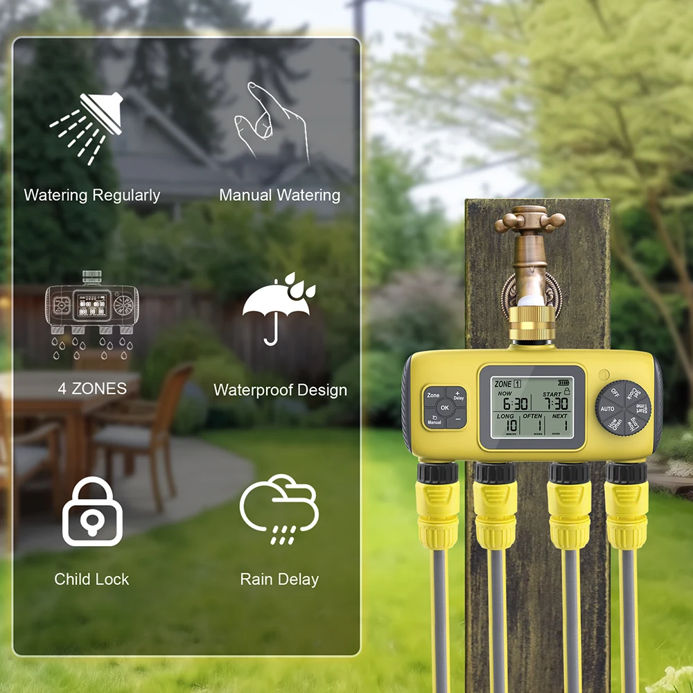 Irrigation Water Timer 4-Outlet Digital Timing Controller Garden Irrigation Timer Rainwater Sensing Irrigation Watering System
