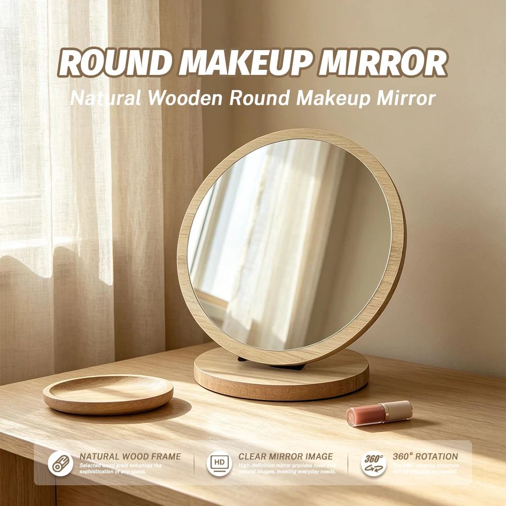 Simple Wooden Vanity Mirror Single Sided Folding Design Makeup Mirror Rotating HD Cosmetic Mirror Design Perfect for Home