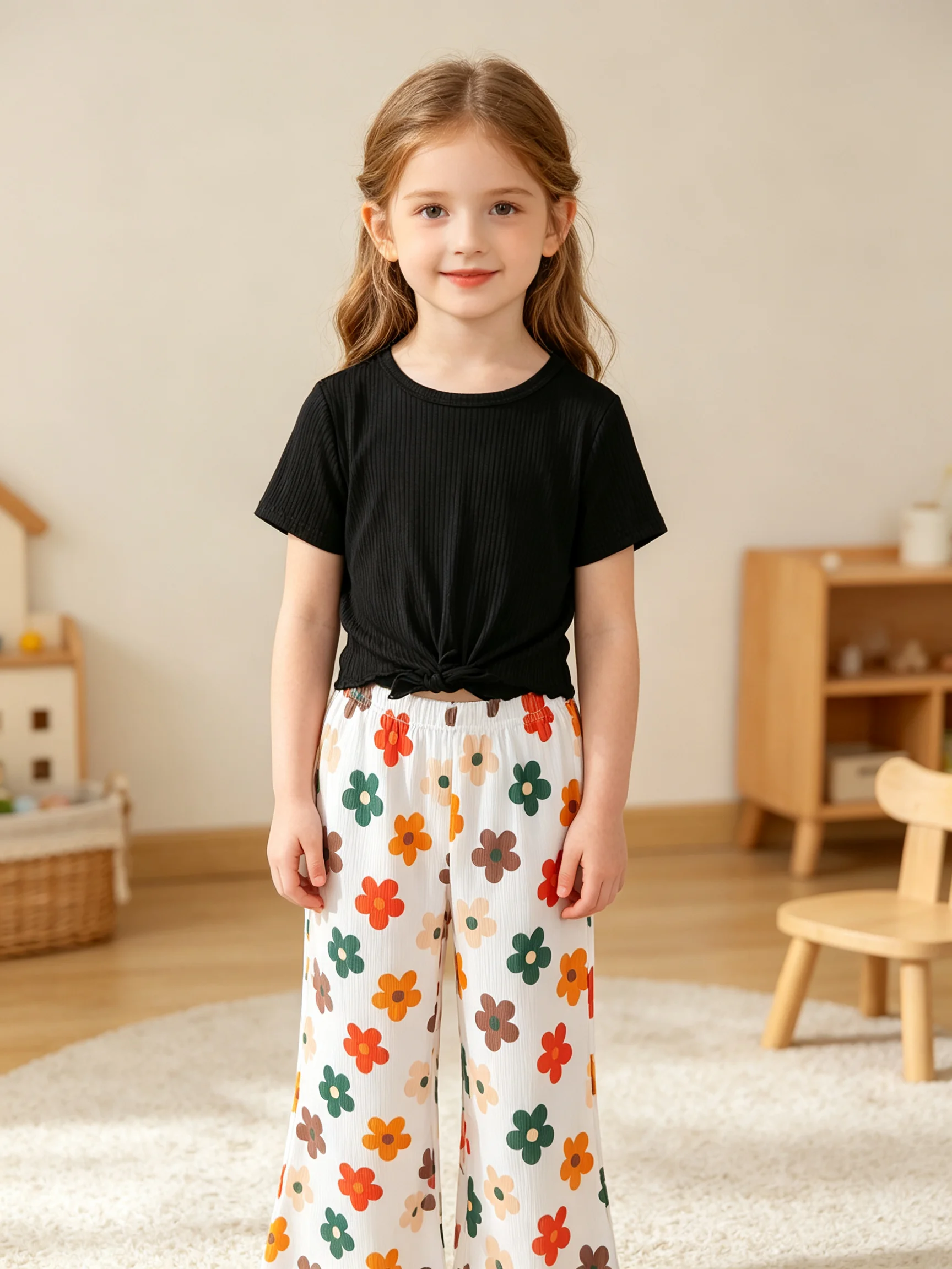 Girls' Summer Ribbed Short-Sleeve Black Top with Twist Detail Paired with Colorful Floral Print Flared Long Pants Two-Piece Set, Fresh and Casual Floral Outfit for Young Girls Aged 4-7, Children's Everyday Outing Two-Piece Clothing Set
