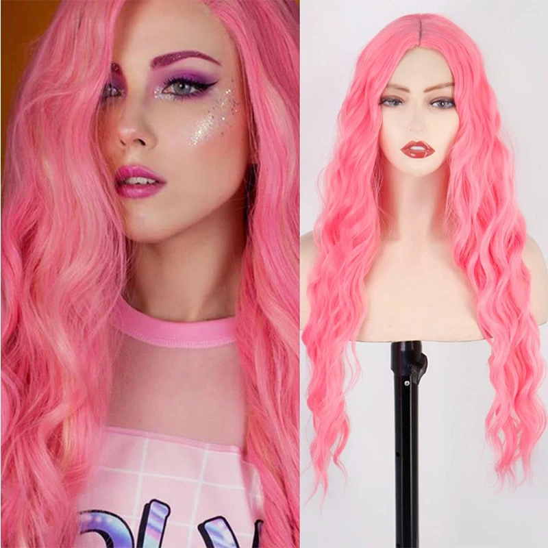 28inch Pink Long Body Wave Wig Synthetic Natural Water Wavy Hair Wigs for Women Fiber Heat Resistant Curly Wig Daily Use Cosplay