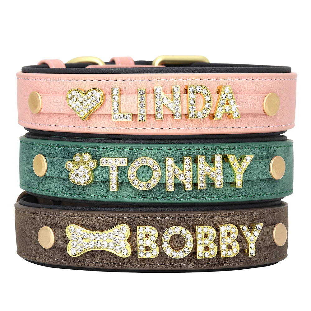 Personalized Soft Dog Collar PU Leather Puppy Cat ID Collars Free Rhinestone Charm Dog Accessory For Small Medium Dogs Chihuahua