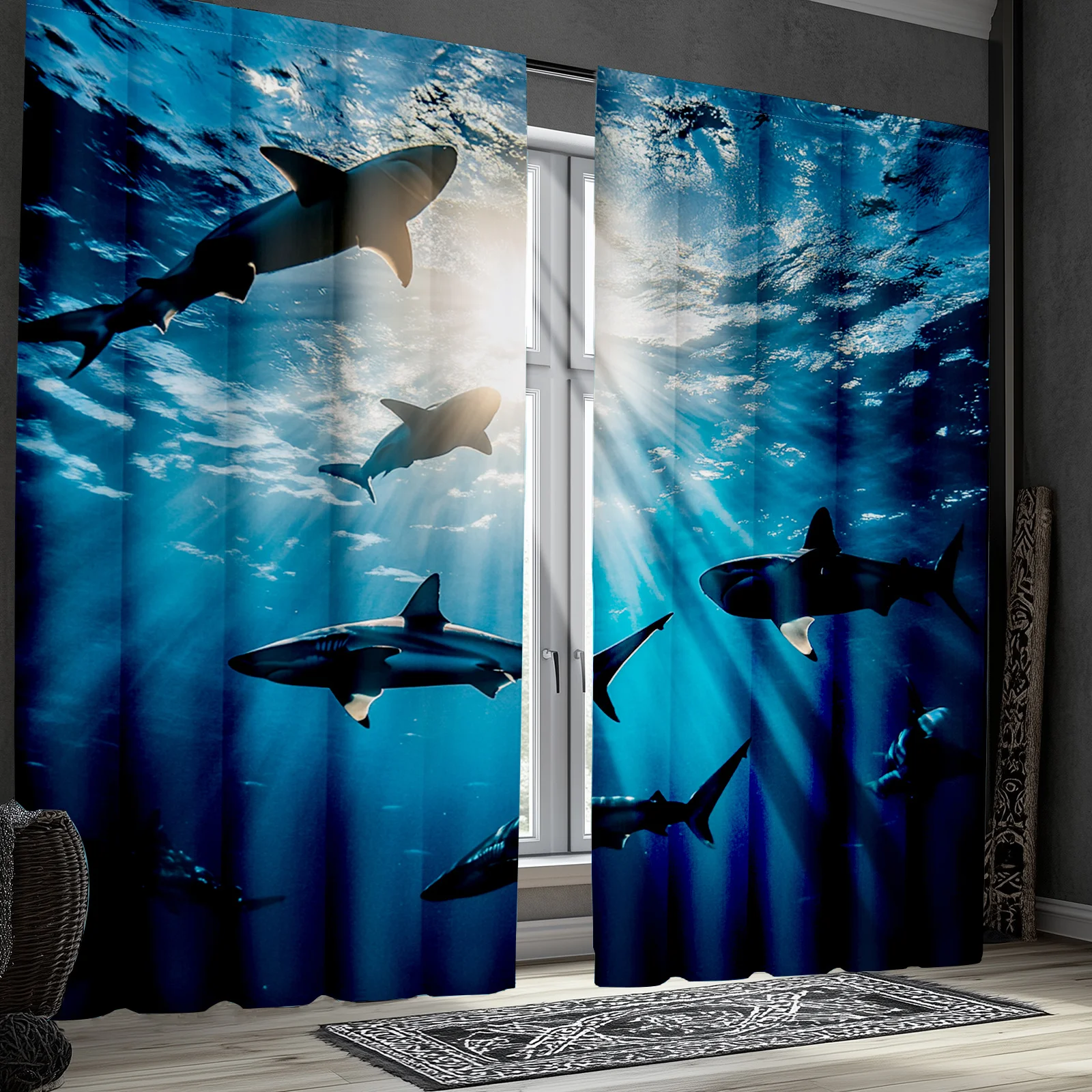 Blue Ocean Shark Curtain Underwater Marine Coastal Shower Curtain Bathroom Window Decor Tropical Nautical Beach Style Drapery
