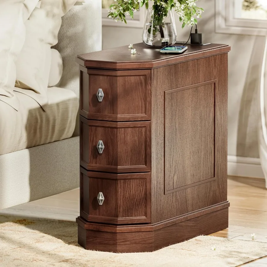 Nightstand with Charging Station Vintage Wood End Table with 3 Drawer Victoria rrow Side Table Slim Bedside Tables for Bedroom