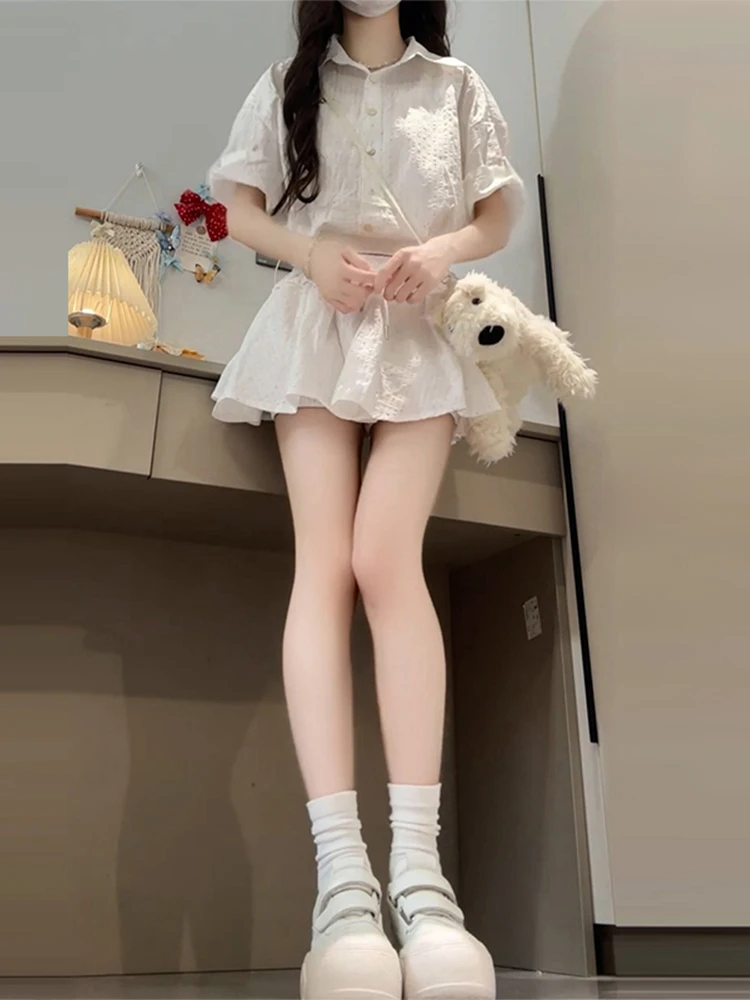 Blanc irt Dr femmes taille haute a-ligne jupe ensemble coréen Sle confortable Polyester mélange longue Sve été nouveauté