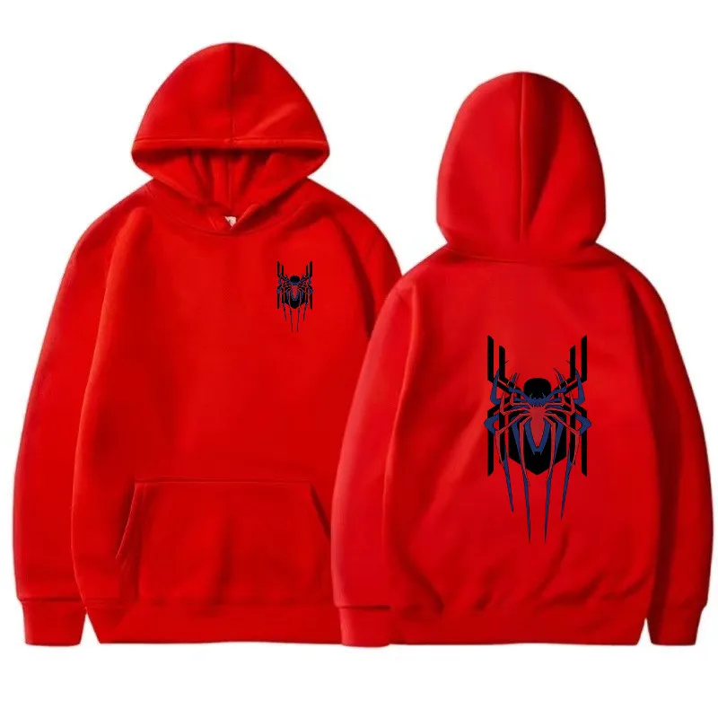 2024 New Men\'s Hoodie Street Fashion Deep Red Spider Print Sweatshirt Brushed Fleece Women\'s Casual Fun Loose Hoodie Men\'s Wear