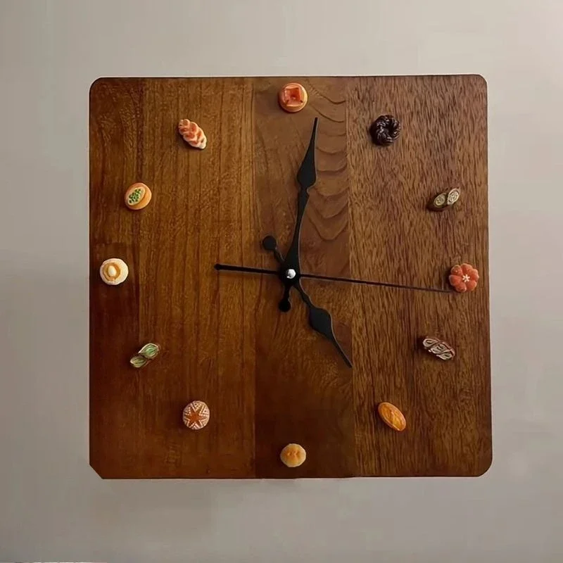 Vintage Wall Clocks Solid Wood Square Wall Clocks Hanging Painting Cute Clock Handmade Artistic Mural Room Decoration