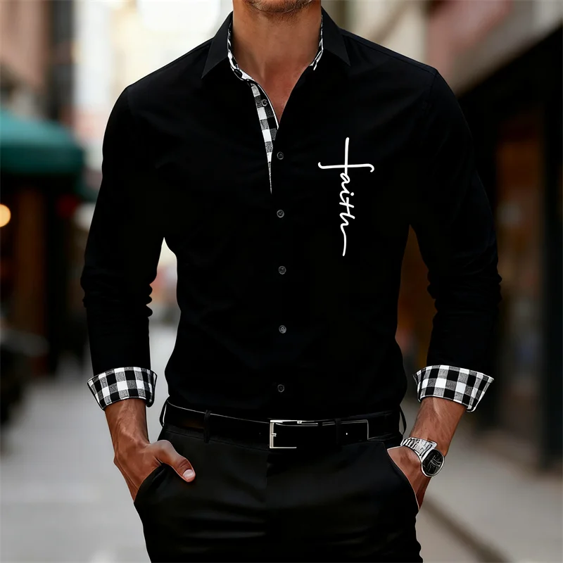 Men's long-sleeved shirt with black and white checkered collar and cuffs, 3D printed solid color business casual fashion top